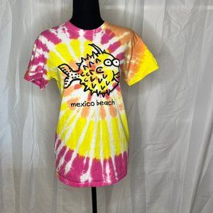 Mexico Beach Pink and Yellow Tie-Dyed Puffer Fish T-Shirt size Small